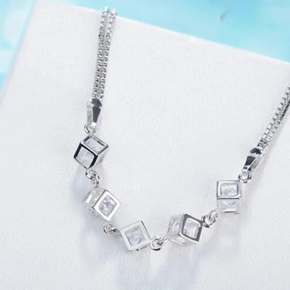 925 Sterling Silver Caged Diamond Cube Bracelet